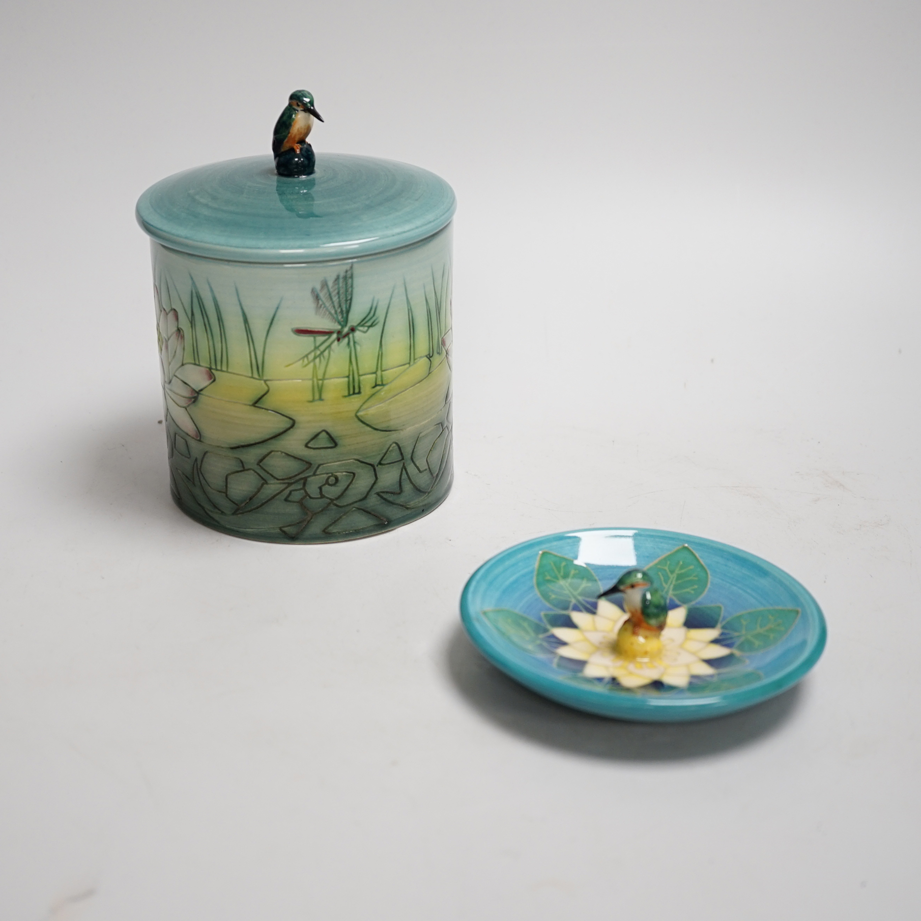 A Sally Tuffin for Dennis China Works 2003 ‘kingfisher’ lidded jar and similar 2006 pin dish, tallest 15cm